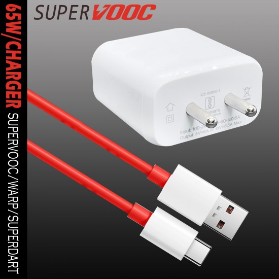 SAFA 65W Oneplus SuperVooc Super Fast Charger With Data Cable (White&RED)