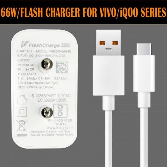 SAFA 66W VIVO / iQOO FlashCharge Fast Charger With Data Cable (White) 